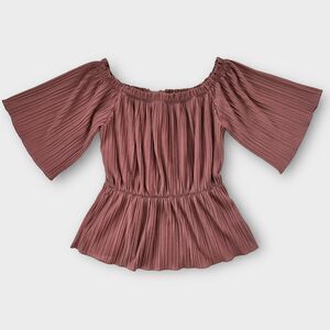 Express Womens Small Pleated Off the Shoulder Bell Sleeve Rosette Pink Flowy Top